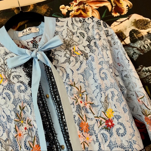 Lace & Flower Embroidered Light Blue Midi Dress - Picture 6 of 7